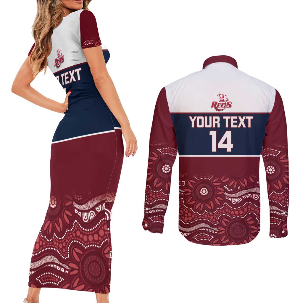 Custom Australia QLD Reds Couples Matching Short Sleeve Bodycon Dress and Long Sleeve Button Shirt Queensland Aboriginal Art