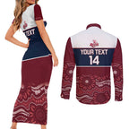 Custom Australia QLD Reds Couples Matching Short Sleeve Bodycon Dress and Long Sleeve Button Shirt Queensland Aboriginal Art