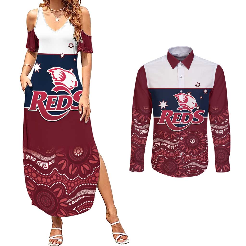 Custom Australia QLD Reds Couples Matching Summer Maxi Dress and Long Sleeve Button Shirt Queensland Aboriginal Art