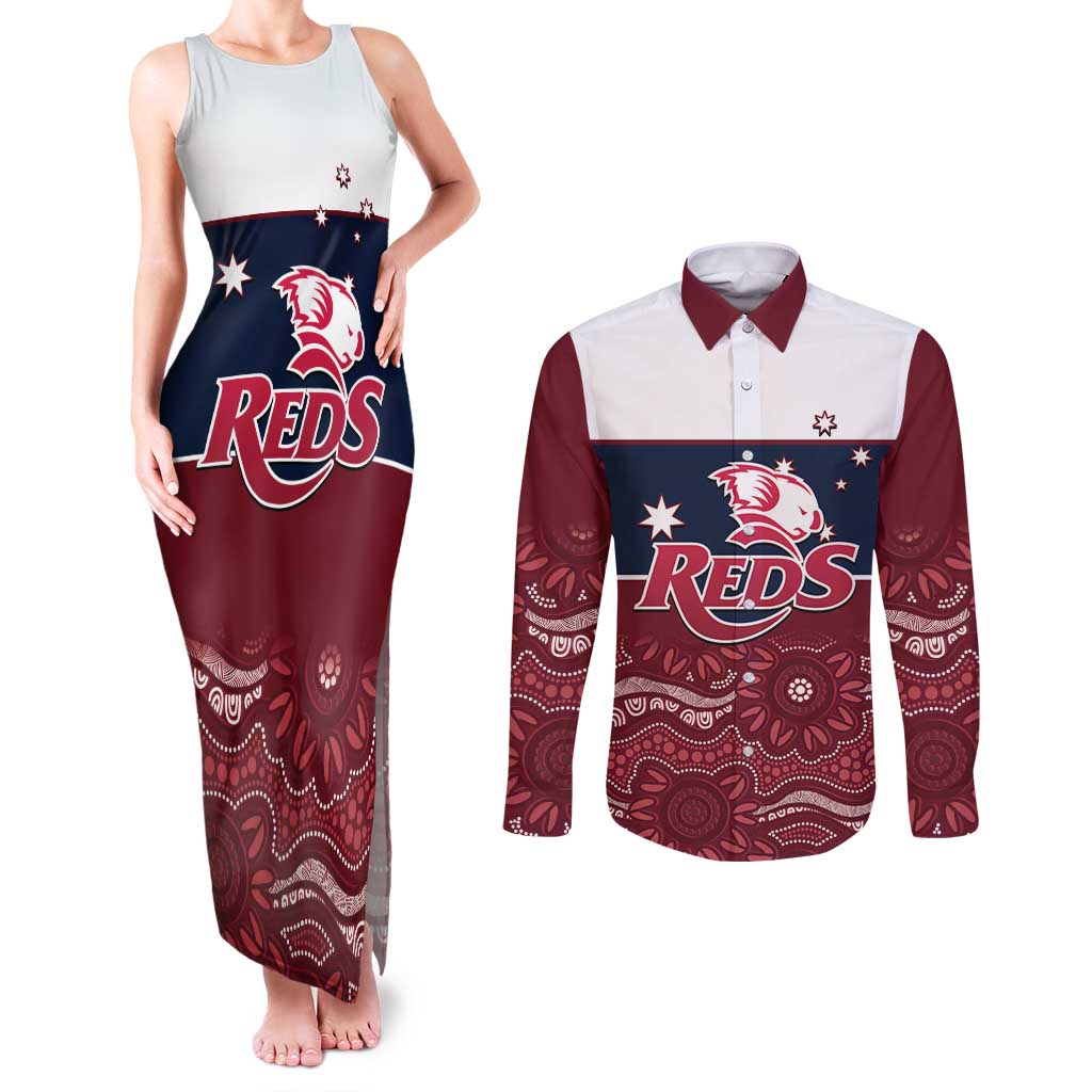 Custom Australia QLD Reds Couples Matching Tank Maxi Dress and Long Sleeve Button Shirt Queensland Aboriginal Art