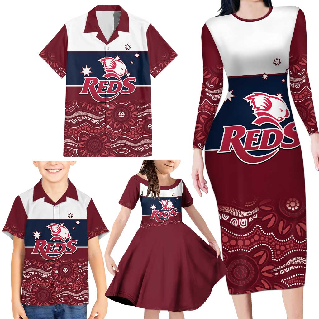 Custom Australia QLD Reds Family Matching Long Sleeve Bodycon Dress and Hawaiian Shirt Queensland Aboriginal Art