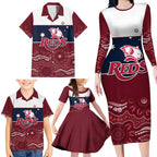 Custom Australia QLD Reds Family Matching Long Sleeve Bodycon Dress and Hawaiian Shirt Queensland Aboriginal Art