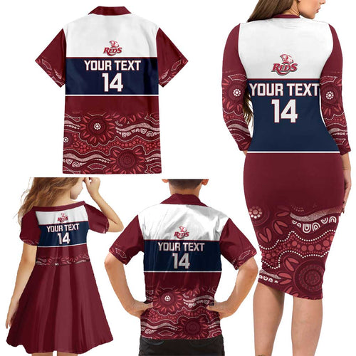 Custom Australia QLD Reds Family Matching Long Sleeve Bodycon Dress and Hawaiian Shirt Queensland Aboriginal Art