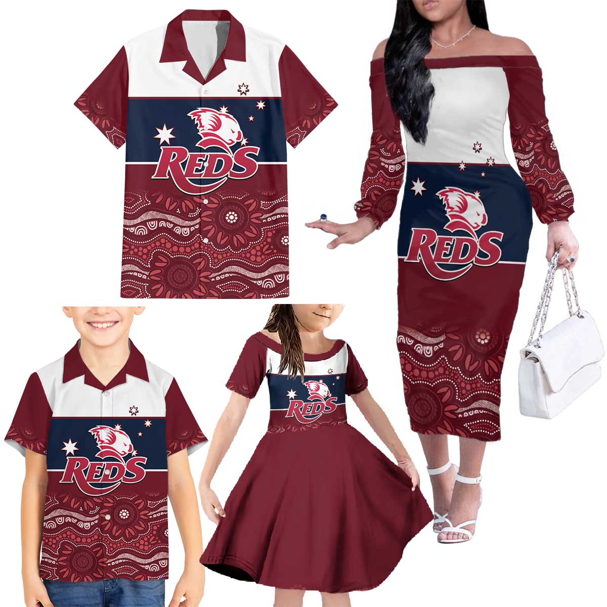 Custom Australia QLD Reds Family Matching Off The Shoulder Long Sleeve Dress and Hawaiian Shirt Queensland Aboriginal Art