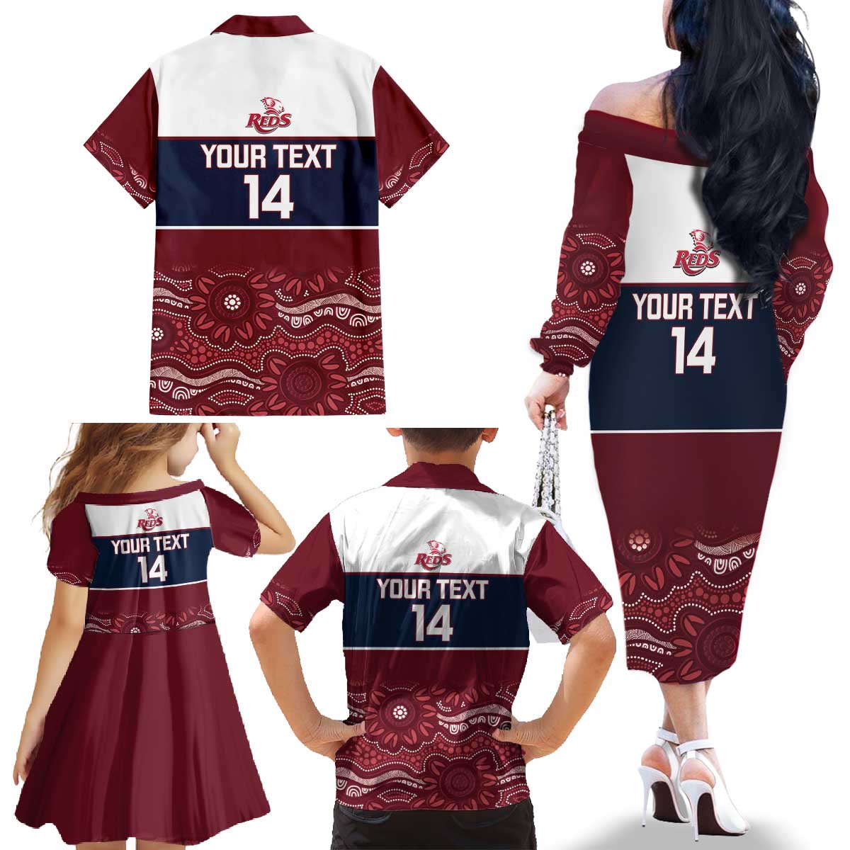 Custom Australia QLD Reds Family Matching Off The Shoulder Long Sleeve Dress and Hawaiian Shirt Queensland Aboriginal Art