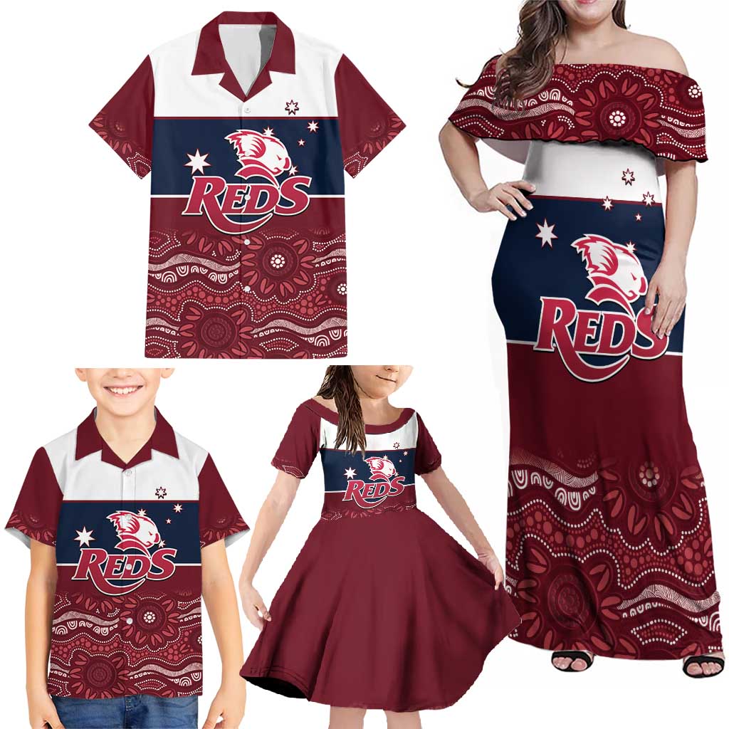 Custom Australia QLD Reds Family Matching Off Shoulder Maxi Dress and Hawaiian Shirt Queensland Aboriginal Art