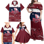 Custom Australia QLD Reds Family Matching Off Shoulder Maxi Dress and Hawaiian Shirt Queensland Aboriginal Art