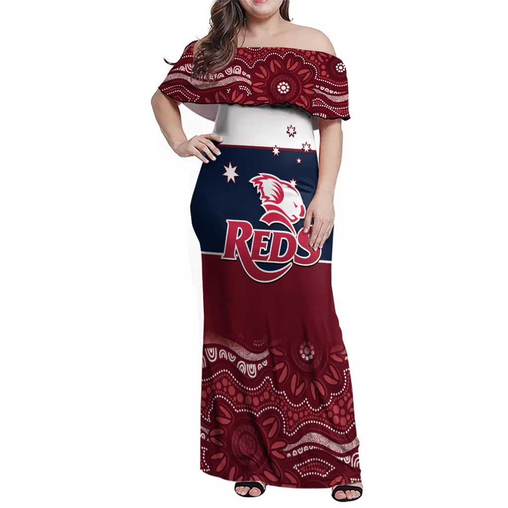 Custom Australia QLD Reds Family Matching Off Shoulder Maxi Dress and Hawaiian Shirt Queensland Aboriginal Art