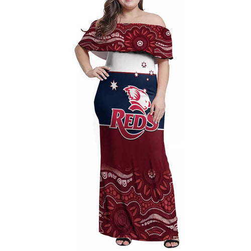 Custom Australia QLD Reds Family Matching Off Shoulder Maxi Dress and Hawaiian Shirt Queensland Aboriginal Art