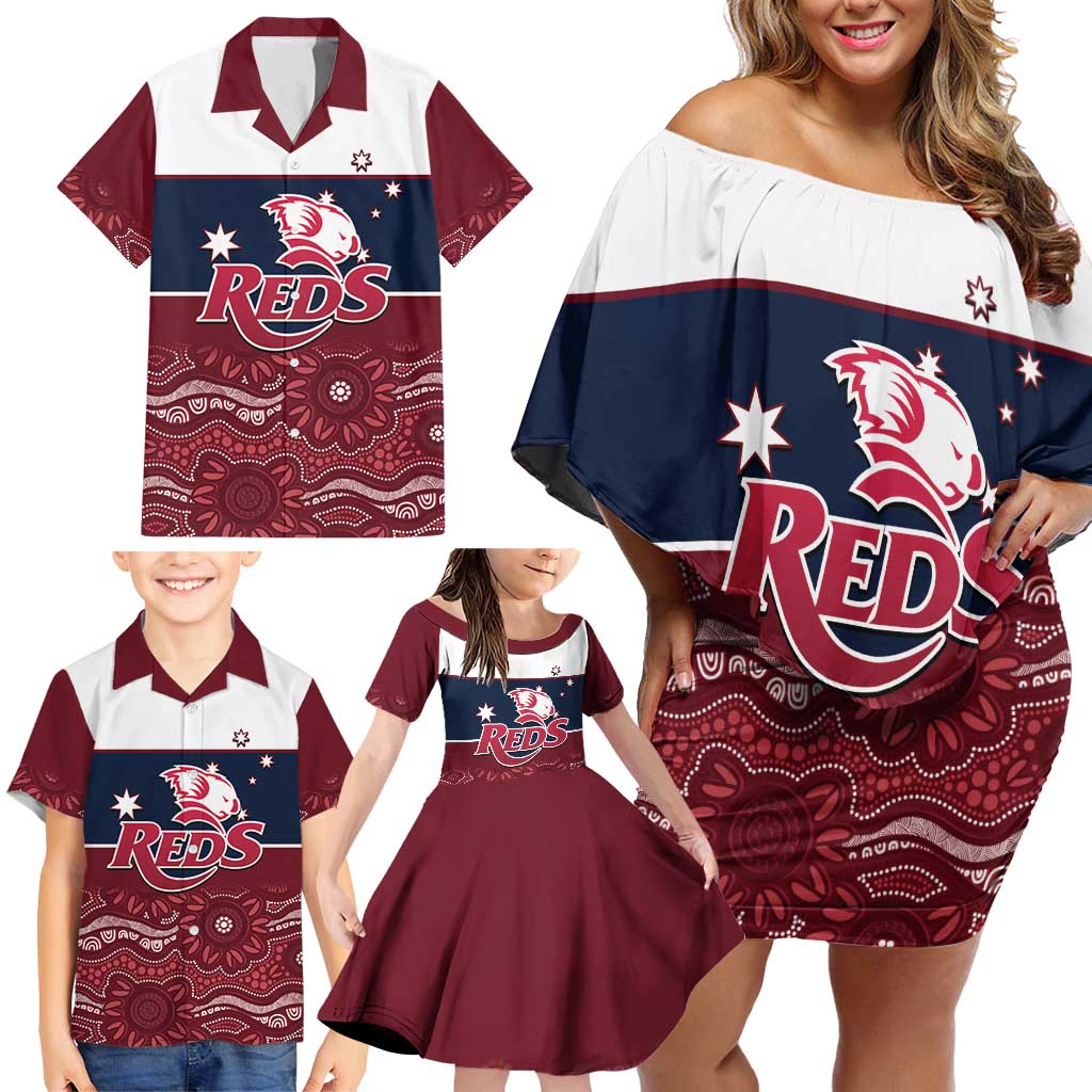 Custom Australia QLD Reds Family Matching Off Shoulder Short Dress and Hawaiian Shirt Queensland Aboriginal Art