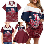 Custom Australia QLD Reds Family Matching Off Shoulder Short Dress and Hawaiian Shirt Queensland Aboriginal Art