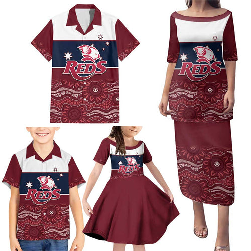 Custom Australia QLD Reds Family Matching Puletasi and Hawaiian Shirt Queensland Aboriginal Art