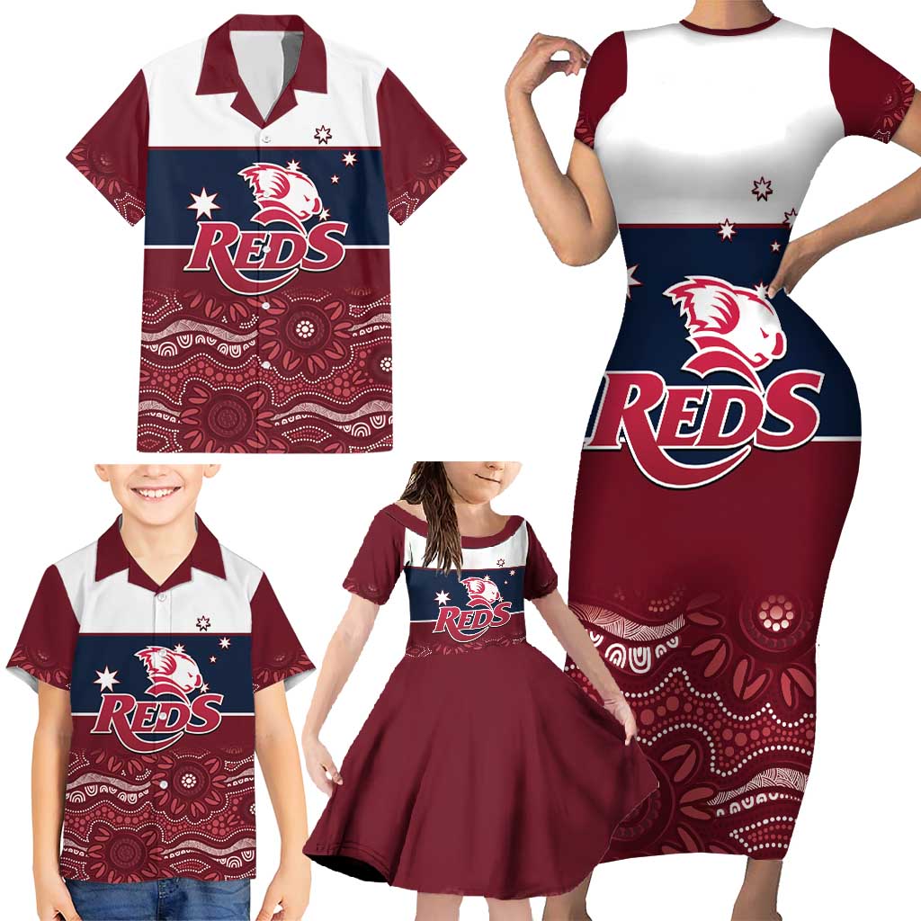 Custom Australia QLD Reds Family Matching Short Sleeve Bodycon Dress and Hawaiian Shirt Queensland Aboriginal Art