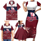 Custom Australia QLD Reds Family Matching Short Sleeve Bodycon Dress and Hawaiian Shirt Queensland Aboriginal Art