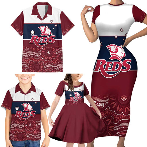 Custom Australia QLD Reds Family Matching Short Sleeve Bodycon Dress and Hawaiian Shirt Queensland Aboriginal Art