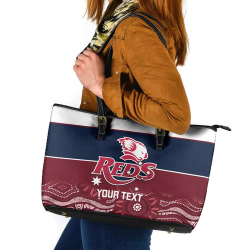 Custom Australia QLD Reds Leather Tote Bag Queensland Aboriginal Art