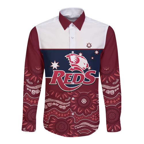 Custom Australia QLD Reds Long Sleeve Button Shirt Queensland Aboriginal Art