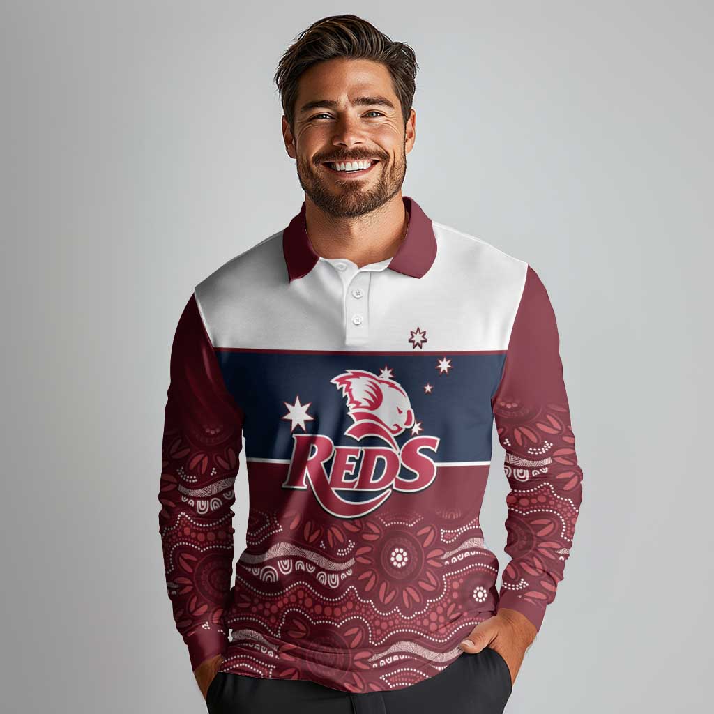 Custom Australia QLD Reds Long Sleeve Polo Shirt Queensland Aboriginal Art