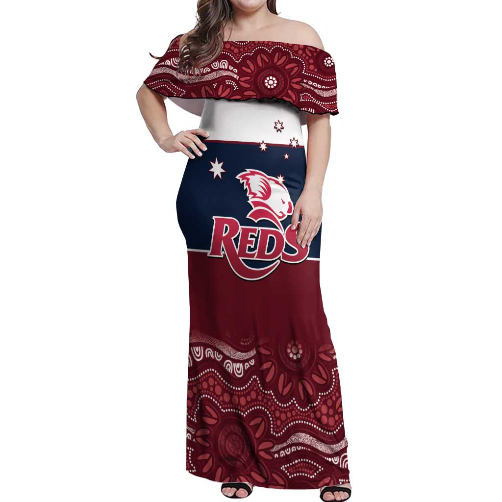 Custom Australia QLD Reds Off Shoulder Maxi Dress Queensland Aboriginal Art