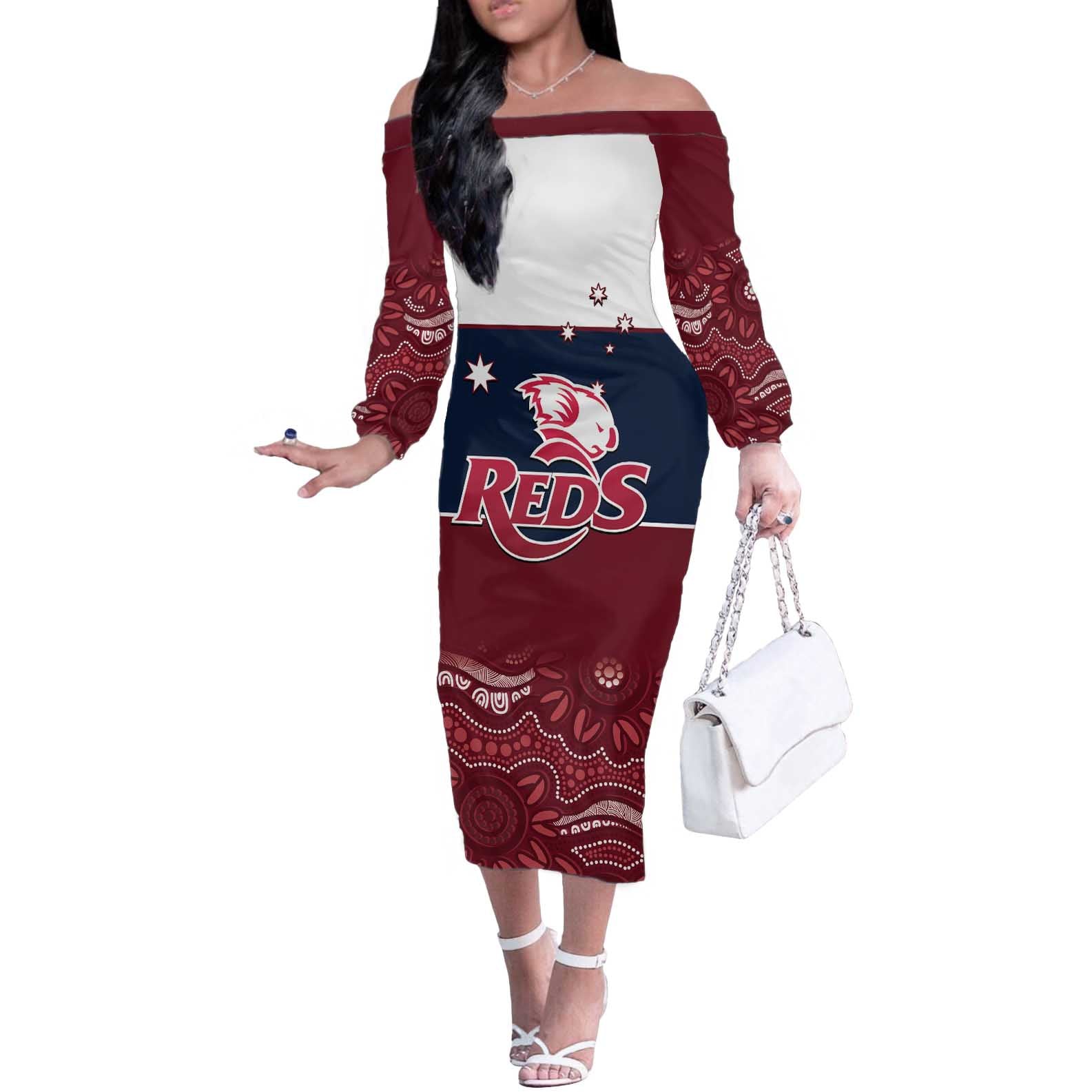 Custom Australia QLD Reds Off The Shoulder Long Sleeve Dress Queensland Aboriginal Art