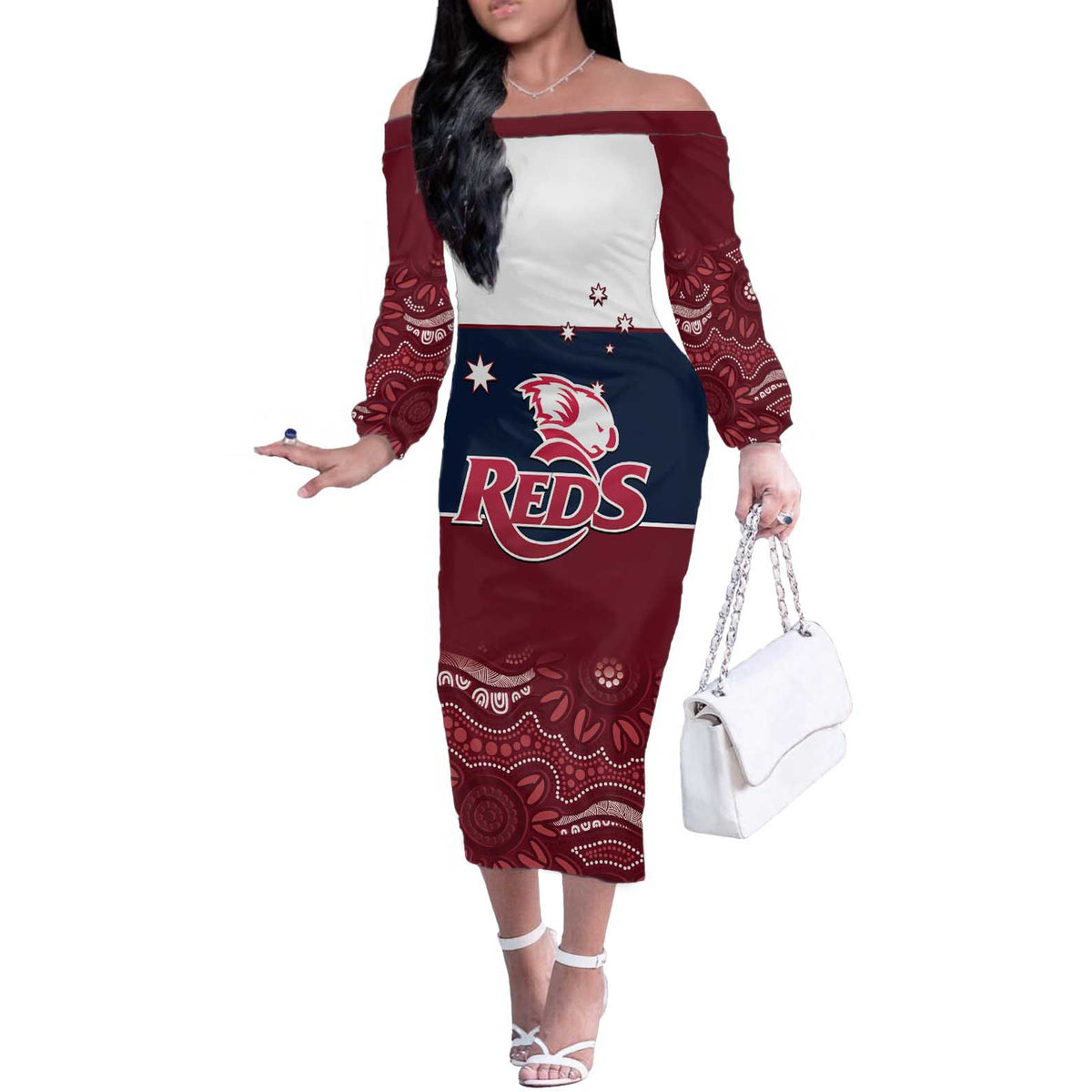 Custom Australia QLD Reds Off The Shoulder Long Sleeve Dress Queensland Aboriginal Art