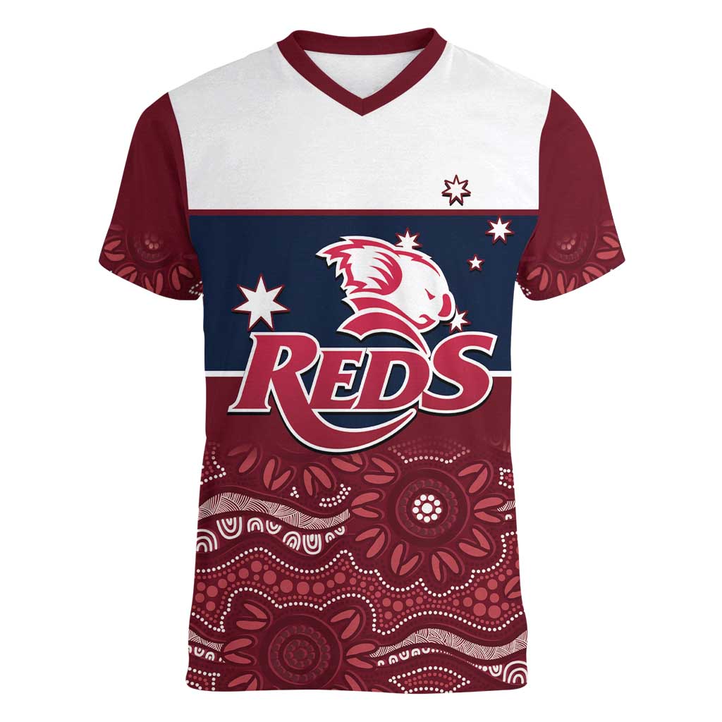 Custom Australia QLD Reds Women V-Neck T-Shirt Queensland Aboriginal Art