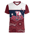 Custom Australia QLD Reds Women V-Neck T-Shirt Queensland Aboriginal Art