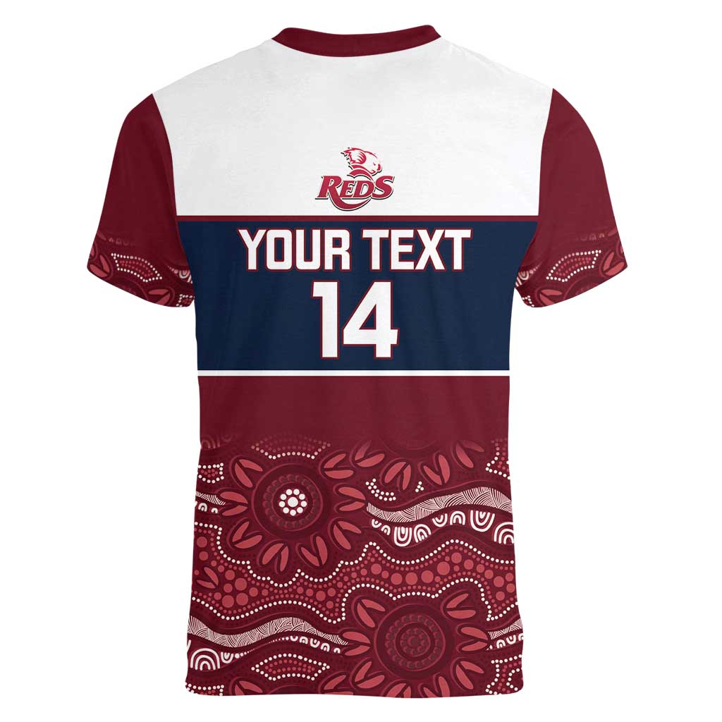 Custom Australia QLD Reds Women V-Neck T-Shirt Queensland Aboriginal Art