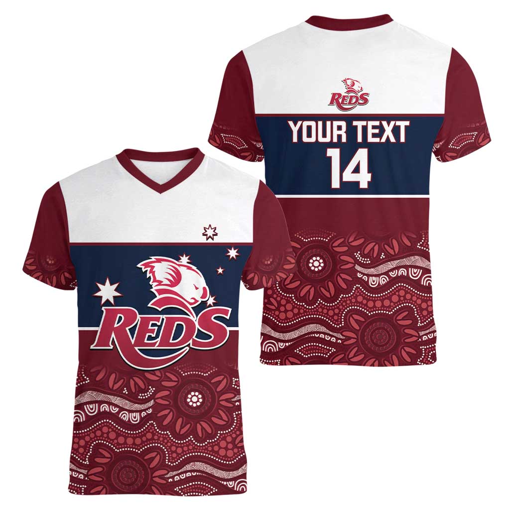Custom Australia QLD Reds Women V-Neck T-Shirt Queensland Aboriginal Art