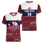 Custom Australia QLD Reds Women V-Neck T-Shirt Queensland Aboriginal Art