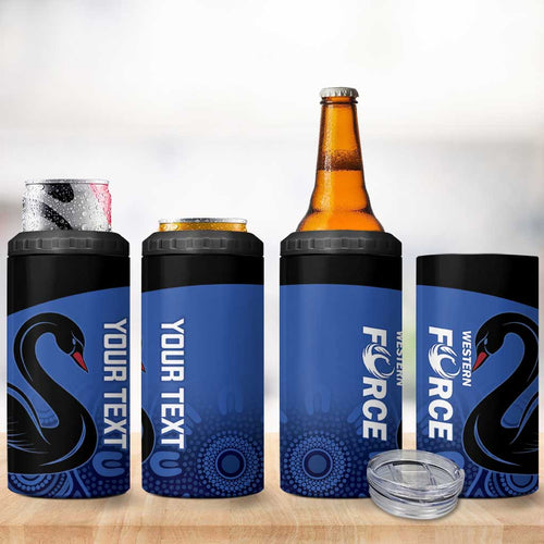 Custom Australia Western Force 4 in 1 Can Cooler Tumbler Black Swan Aboriginal Blue Version