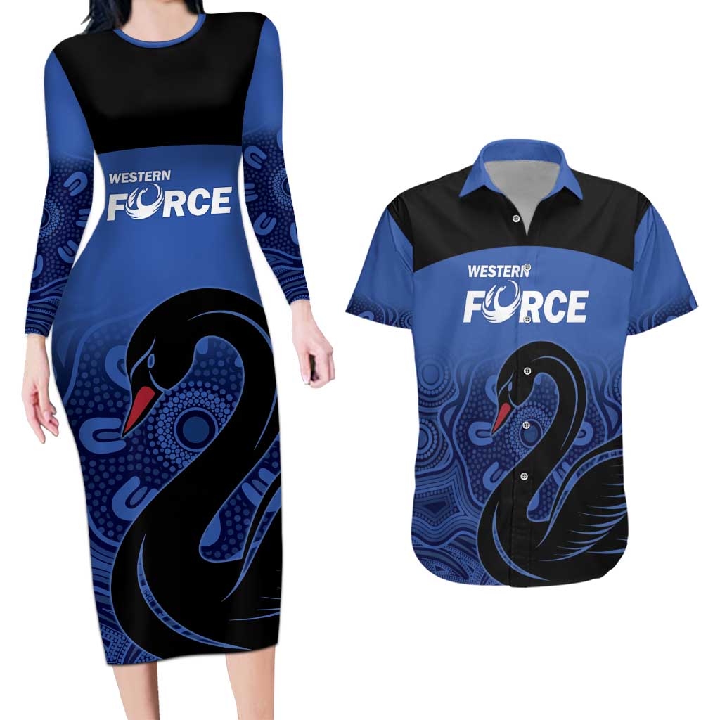 Custom Australia Western Force Couples Matching Long Sleeve Bodycon Dress and Hawaiian Shirt Black Swan Aboriginal Blue Version