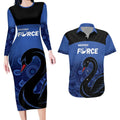 Custom Australia Western Force Couples Matching Long Sleeve Bodycon Dress and Hawaiian Shirt Black Swan Aboriginal Blue Version
