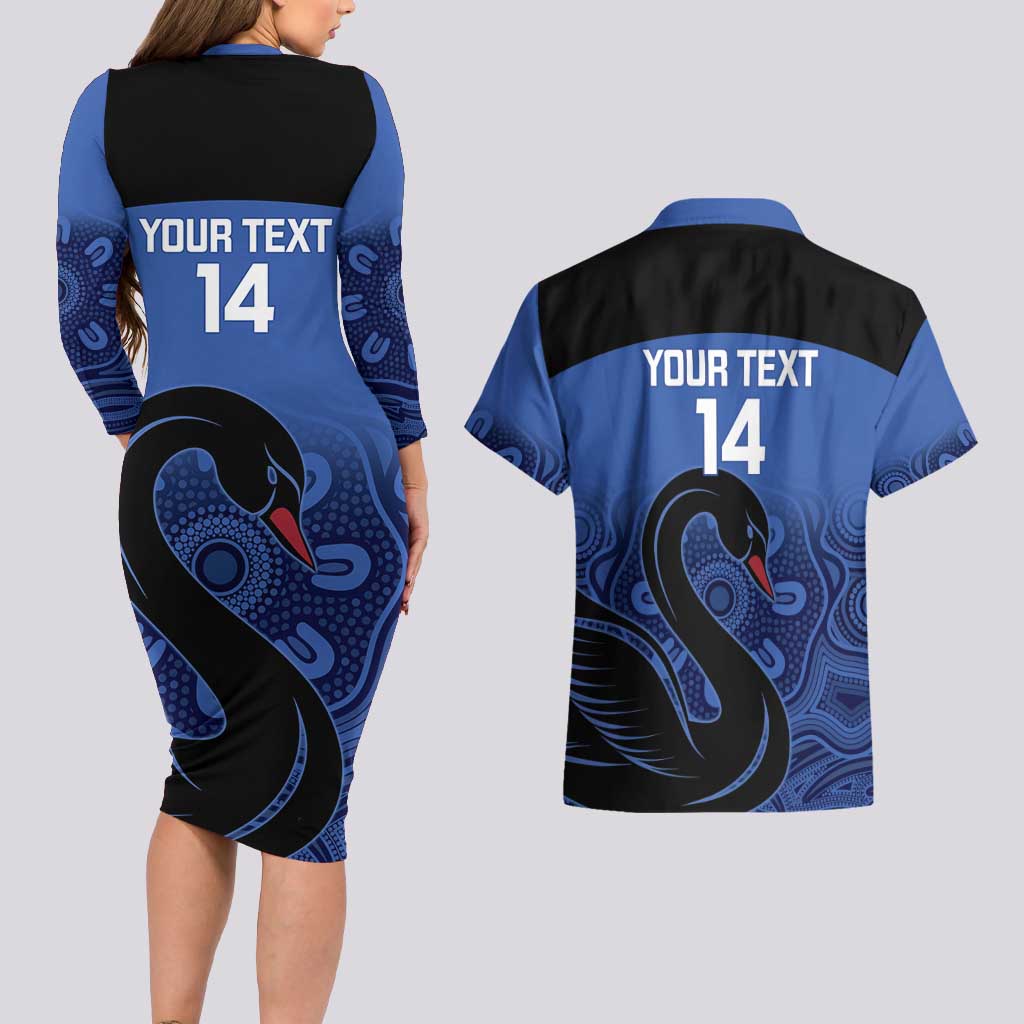 Custom Australia Western Force Couples Matching Long Sleeve Bodycon Dress and Hawaiian Shirt Black Swan Aboriginal Blue Version