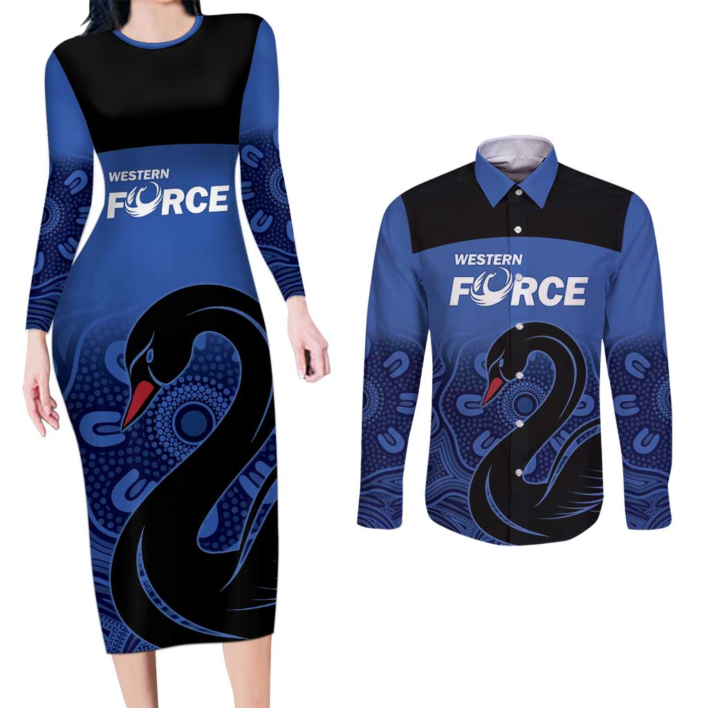 Custom Australia Western Force Couples Matching Long Sleeve Bodycon Dress and Long Sleeve Button Shirt Black Swan Aboriginal Blue Version