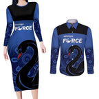 Custom Australia Western Force Couples Matching Long Sleeve Bodycon Dress and Long Sleeve Button Shirt Black Swan Aboriginal Blue Version