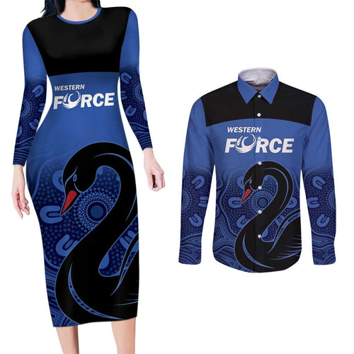 Custom Australia Western Force Couples Matching Long Sleeve Bodycon Dress and Long Sleeve Button Shirt Black Swan Aboriginal Blue Version