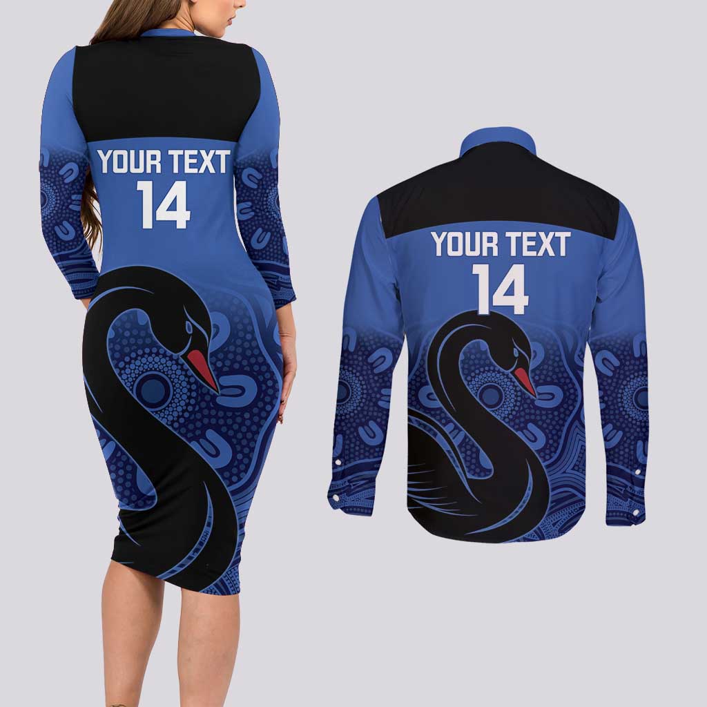 Custom Australia Western Force Couples Matching Long Sleeve Bodycon Dress and Long Sleeve Button Shirt Black Swan Aboriginal Blue Version