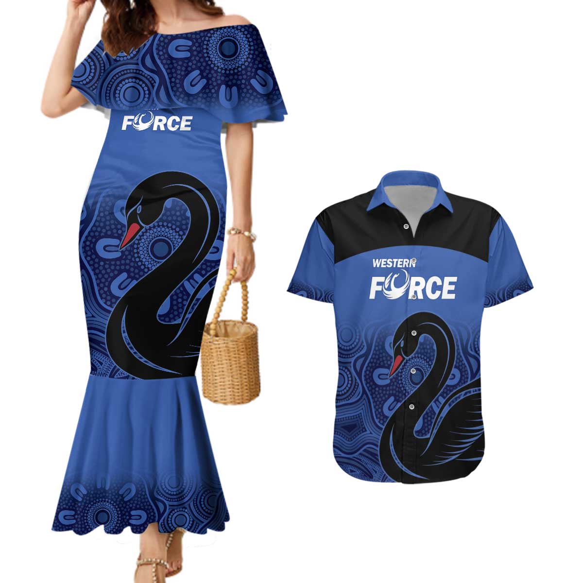 Custom Australia Western Force Couples Matching Mermaid Dress and Hawaiian Shirt Black Swan Aboriginal Blue Version