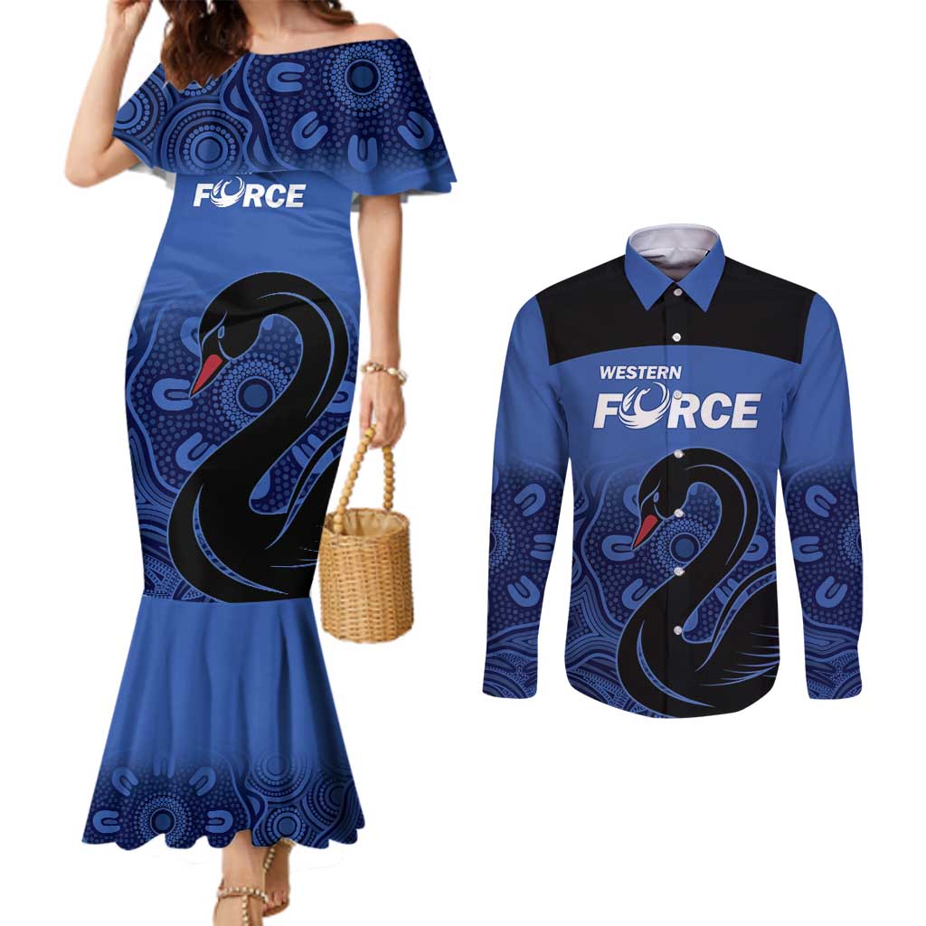Custom Australia Western Force Couples Matching Mermaid Dress and Long Sleeve Button Shirt Black Swan Aboriginal Blue Version