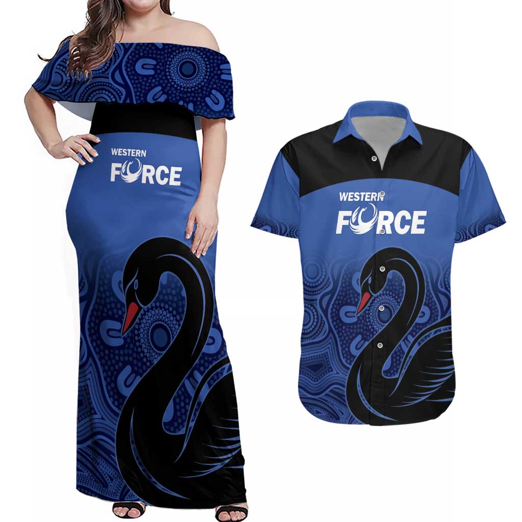 Custom Australia Western Force Couples Matching Off Shoulder Maxi Dress and Hawaiian Shirt Black Swan Aboriginal Blue Version