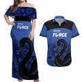 Custom Australia Western Force Couples Matching Off Shoulder Maxi Dress and Hawaiian Shirt Black Swan Aboriginal Blue Version