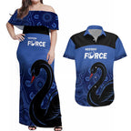 Custom Australia Western Force Couples Matching Off Shoulder Maxi Dress and Hawaiian Shirt Black Swan Aboriginal Blue Version