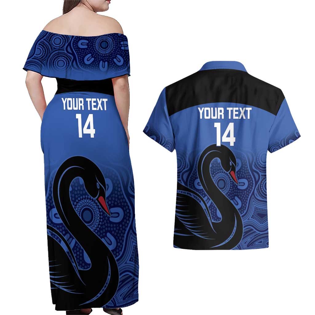 Custom Australia Western Force Couples Matching Off Shoulder Maxi Dress and Hawaiian Shirt Black Swan Aboriginal Blue Version