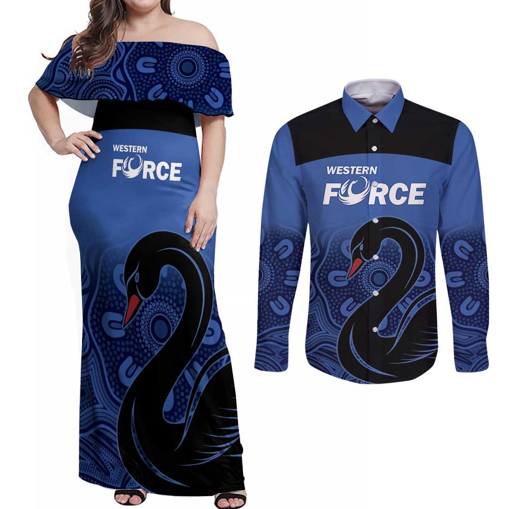 Custom Australia Western Force Couples Matching Off Shoulder Maxi Dress and Long Sleeve Button Shirt Black Swan Aboriginal Blue Version