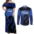 Custom Australia Western Force Couples Matching Off Shoulder Maxi Dress and Long Sleeve Button Shirt Black Swan Aboriginal Blue Version