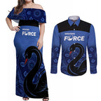 Custom Australia Western Force Couples Matching Off Shoulder Maxi Dress and Long Sleeve Button Shirt Black Swan Aboriginal Blue Version