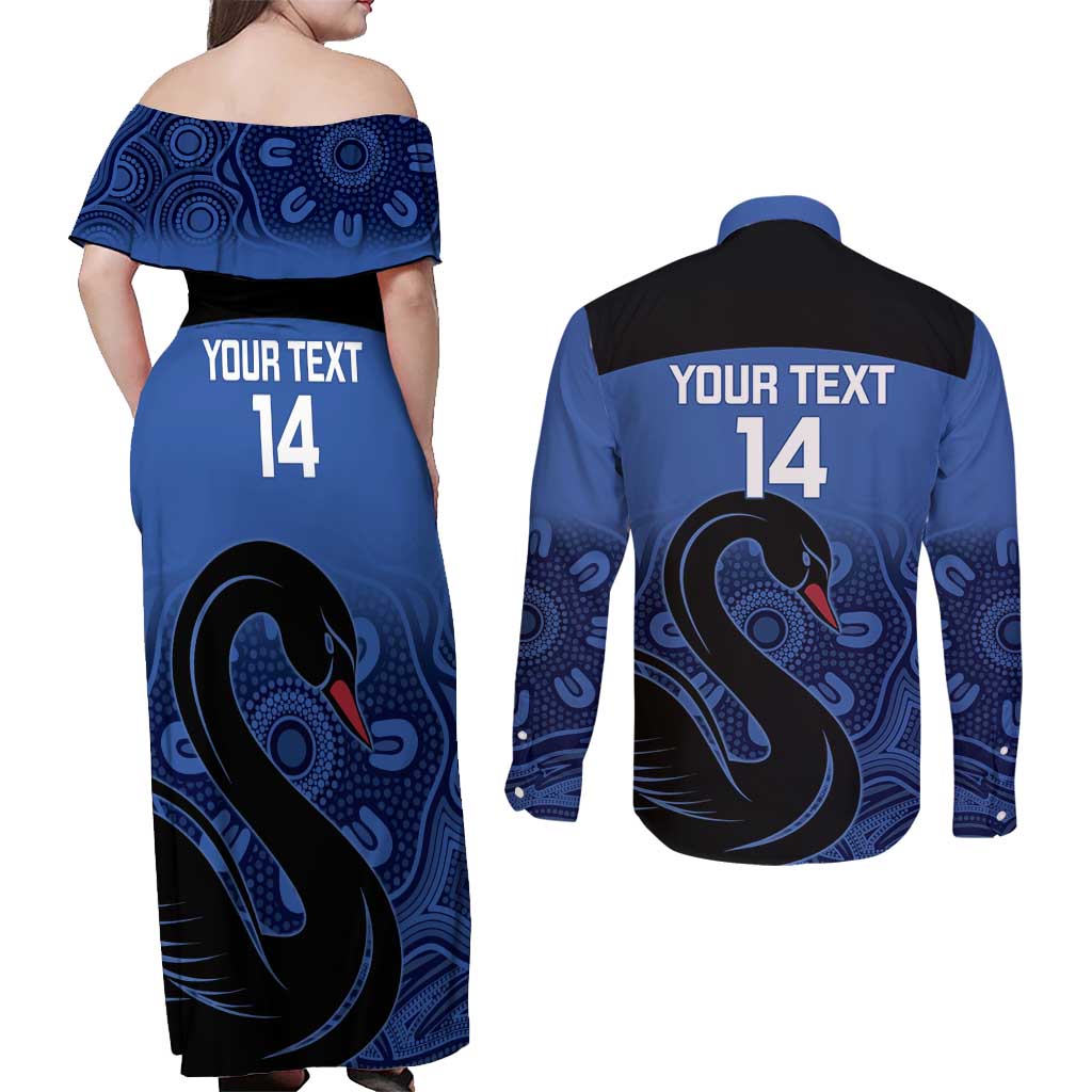 Custom Australia Western Force Couples Matching Off Shoulder Maxi Dress and Long Sleeve Button Shirt Black Swan Aboriginal Blue Version