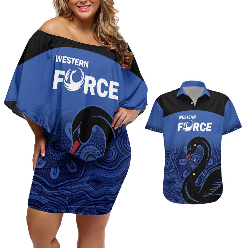 Custom Australia Western Force Couples Matching Off Shoulder Short Dress and Hawaiian Shirt Black Swan Aboriginal Blue Version