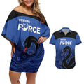Custom Australia Western Force Couples Matching Off Shoulder Short Dress and Hawaiian Shirt Black Swan Aboriginal Blue Version